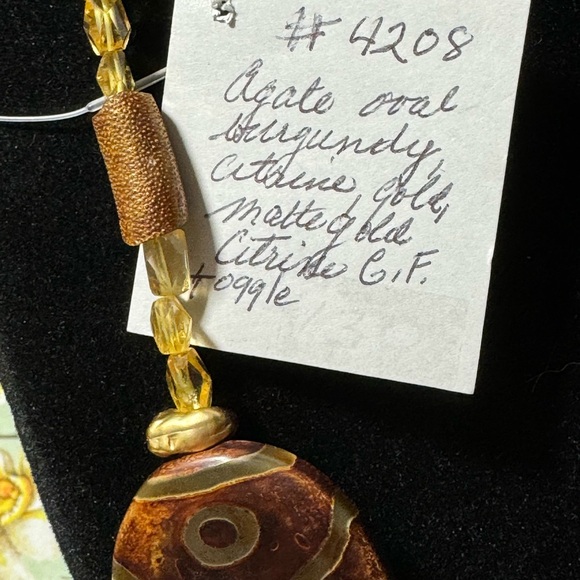 Tibetan agate oval Stone, Citrine Necklace,  30” long, gold filled toggle - Picture 3 of 6